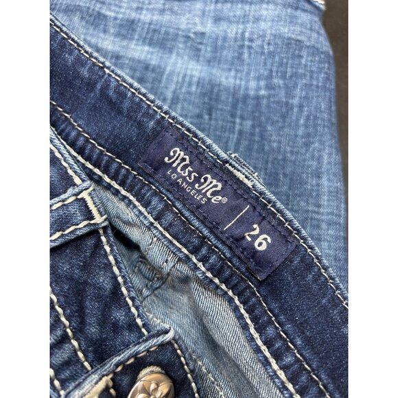 Miss Me Womens Distressed Blue Denim Jeans W26 Embellished Bull Low-Rise Bootcut - Picture 10 of 10